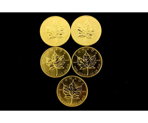 COINS: [5] $50 Canadian Maple Leaf gold coins, .9999, 1 Troy oz, 1986.