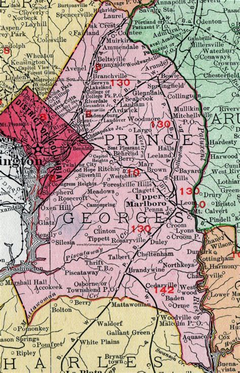 Prince George's County, Maryland, Map, 1911, Rand McNally, Upper Marlboro, Bowie, Beltsville ...