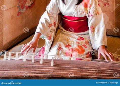 Woman in Kimono Dress is Playing Koto, Japanese Harp Stock Photo - Image of japanese, alone ...