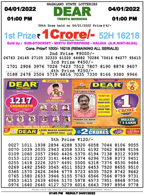 Dear Daily Result 1 Pm 04 Jan 2022 - All India Lottery Results