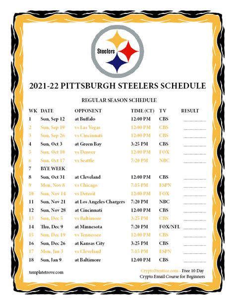 Printable 2021-2022 Pittsburgh Steelers Schedule