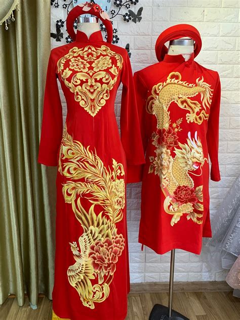 Traditional Vietnamese Wedding Ao Dai in red with gold printed patterns dragons/phoenix ...