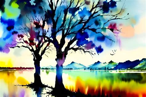 Abstract Watercolor Background with Trees Stock Illustration ...