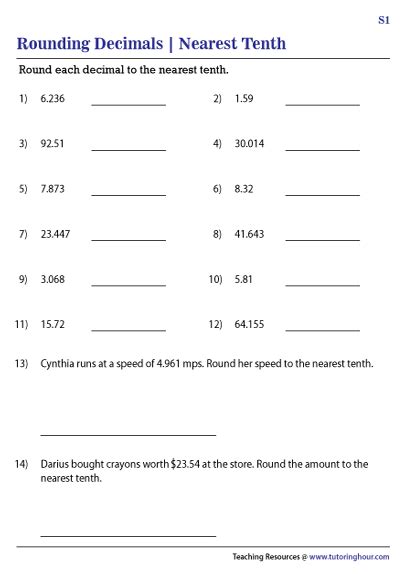 Rounding Decimals to the Nearest Tenth Worksheets