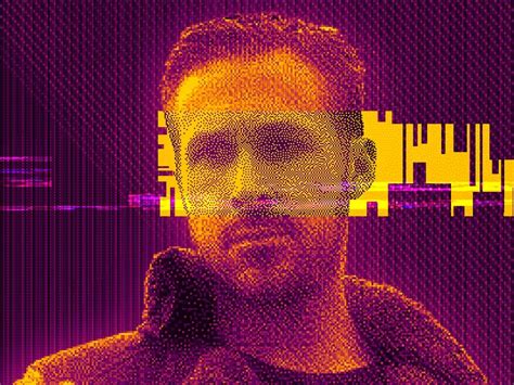 a man with headphones on in front of a purple and yellow background that has squares