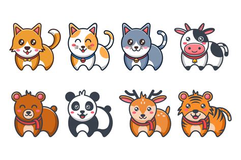 Title Set of cute animal in cartoon style drawing. Cat, dog, cow, bear ...