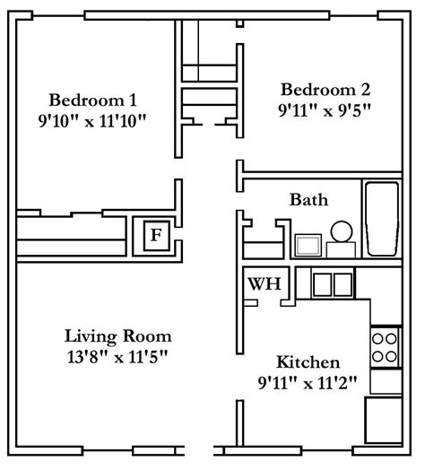 2 Bedroom Apartment Floor Plan with Kitchen and Living Room