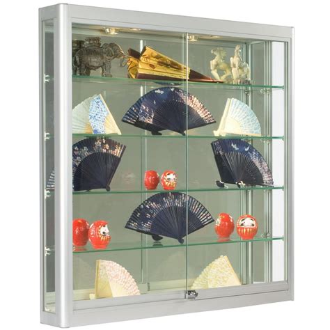 Wall-Mounted, Silver Aluminum Glass Display Case, Illuminated, Locking Sliding Glass Doors ...