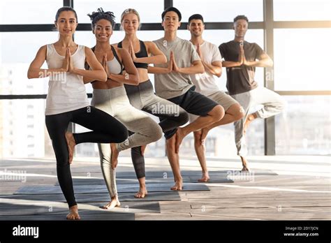 Vrksasana Yoga. Group Of Happy Multiethnic People Practicing Tree Pose In Studio Stock Photo - Alamy
