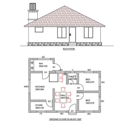 House Plan And Front Elevation Drawing PDF File (630 SQF) - Cadbull