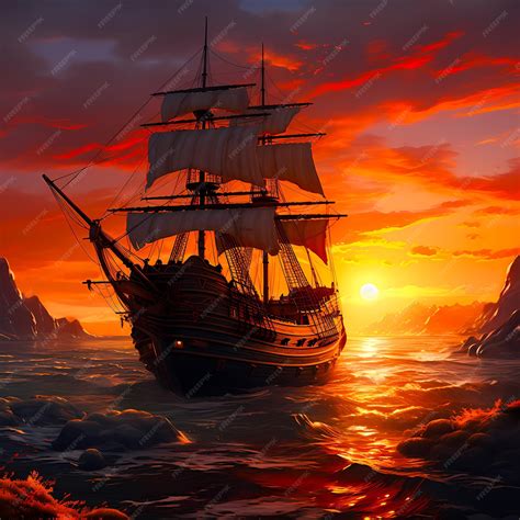 Premium AI Image | Pirate Ship At Sunset With A Cloudy Sky