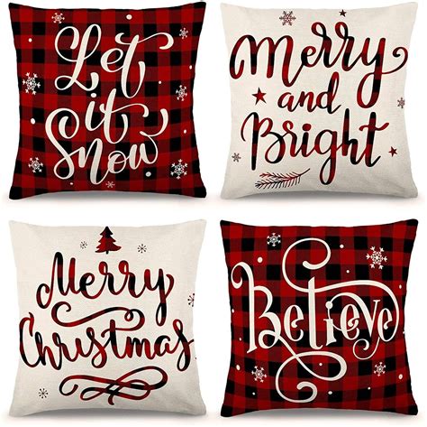 DecorX Christmas Pillow Covers 18x18 Set of 4 Farmhouse Black and Red Buffalo Check Plaid Throw ...