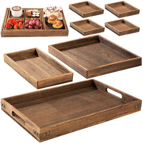 Buy Yangbaga Rustic Wooden Serving Trays with Handle - Set of 7 Rectangular Platters for ...