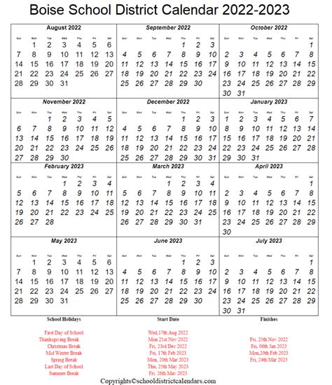 Boise School District Calendar 2022-2023 With Holidays in PDF