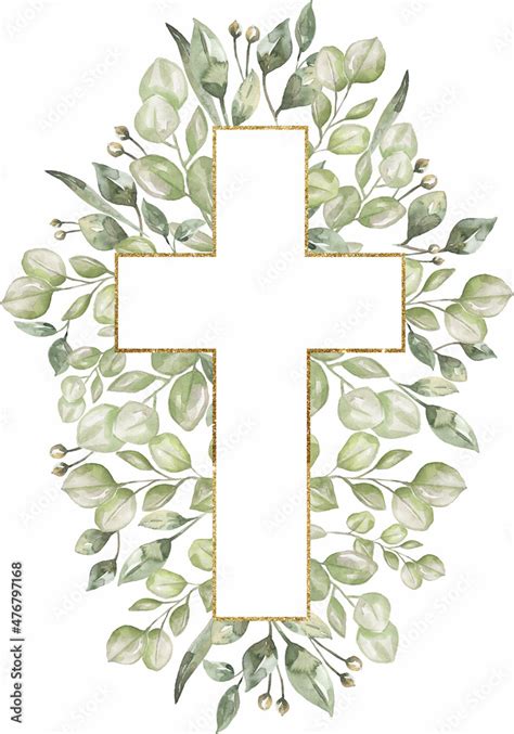 Watercolor hand painted Floral Cross Clipart, Easter Religious greenery illustration, Baptism ...