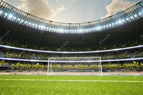 Premium Photo | Soccer stadium evening arena with crowd fans d illustration