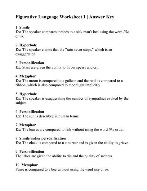 Identifying Figurative Language Worksheet 1 Answers | Language Worksheets