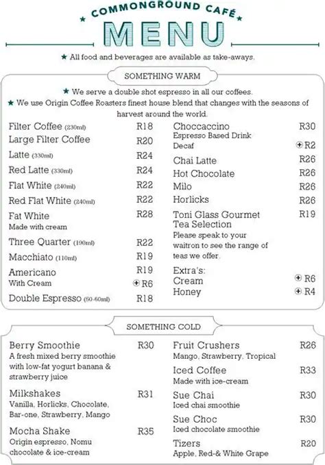 Common Ground Cafe Menu, Menu for Common Ground Cafe, Rondebosch, Cape ...