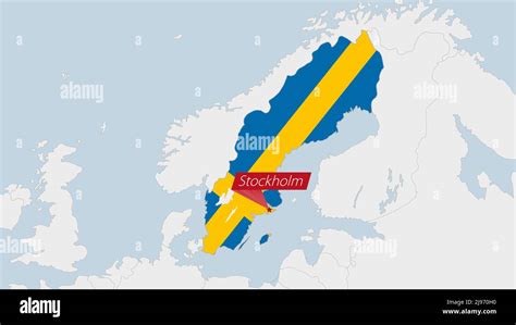 Sweden map highlighted in Sweden flag colors and pin of country capital ...