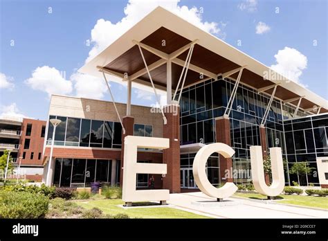 The exterior and ECU sign at the new student center building on the campus of East Carolina ...