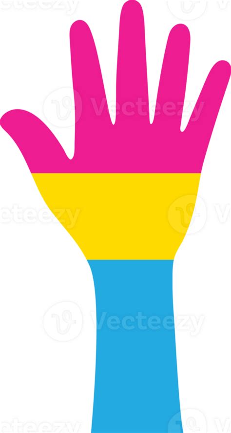 Silhouette of pink, yellow, and blue colored hands as the colors of the pansexual flag. Flat ...