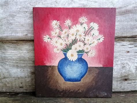 Vintage Oil Painting Wagner '56 Unframed Daisies in a Blue - Etsy