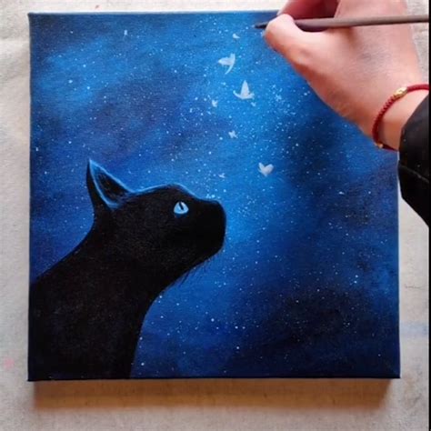 Cat Watching The Night Sky - Acrylic painting for beginners step-by ...