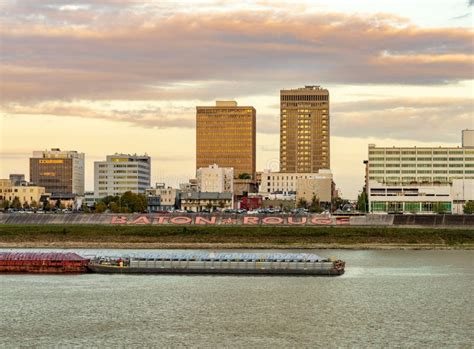 Skyline of Baton Rouge at Sunset Over River Barges Stock Photo - Image of scenery, exterior ...