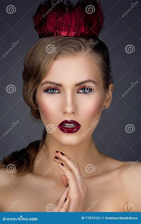 Beautiful Girl with Red Makeup Stock Image - Image of cosmetics, manicure: 77073131