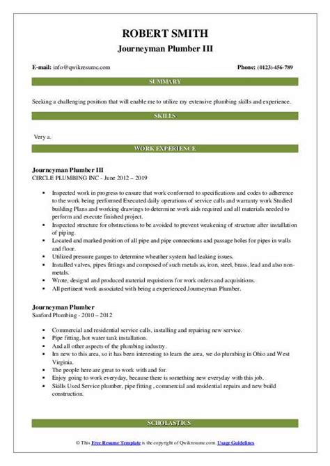 Journeyman Plumber Resume Samples | QwikResume