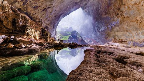 HD wallpaper: landscape photography of brown cave with body of water in ...