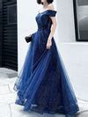 Dark Blue Tulle Long Prom Dress, A-Line Tulle Off Shoulder Blue Weddin ...