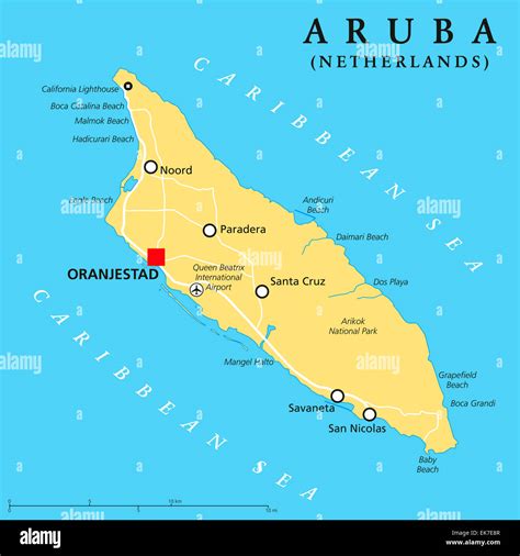 Aruba Political Map with capital Oranjestad and important cities ...