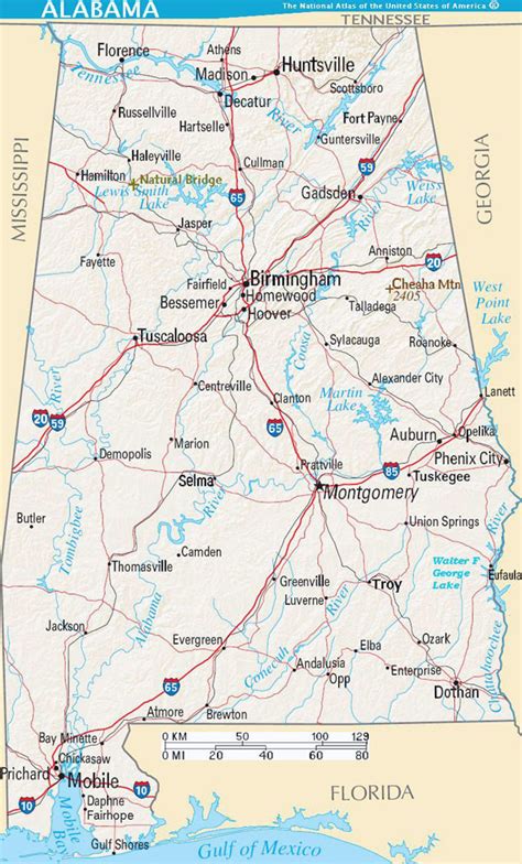 Detailed road map of Alabama state with relief and cities | Vidiani.com ...