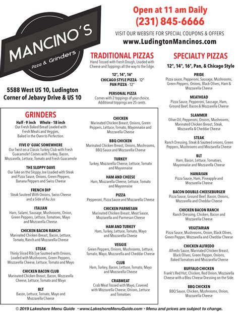 Lakeshore Menu Guide - Mancino's Pizza & Grinders Restaurant in Ludington, West Michigan