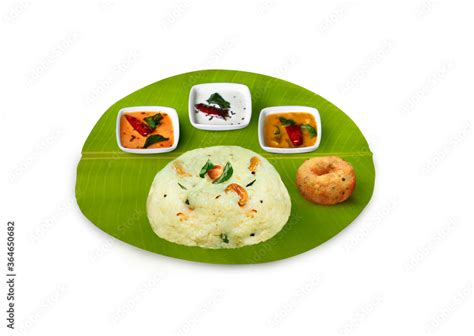 south Indian breakfast pongal, ven pongal ,with coconut chutney, red ...