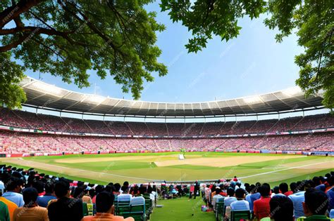 Premium AI Image | A picturesque cricket stadium with a lush green ...