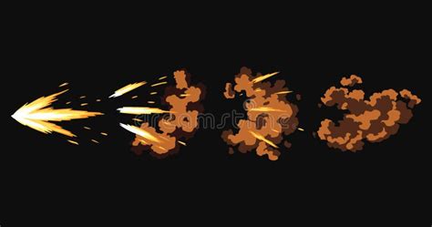 Gun Flashes or Gunshot Animation. Cartoon Flash Effect of Bullet Starts with Smoke and Sparkles ...