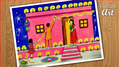 How to happy Diwali celebrations scenery drawing || Indian festival ...