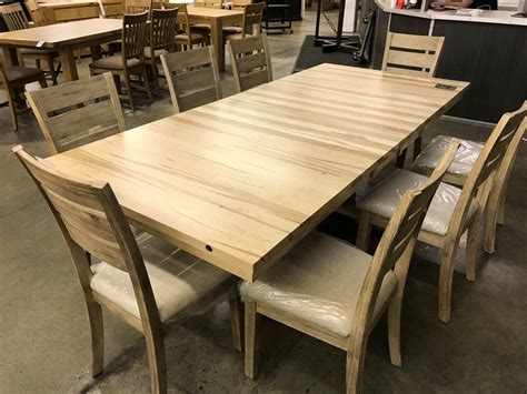 LIGHT MAPLE SOLID WOOD 8' X 3' DINING TABLE WITH LEAF, AND SET OF 8 WEATHERED OAK PADDED DINING ...