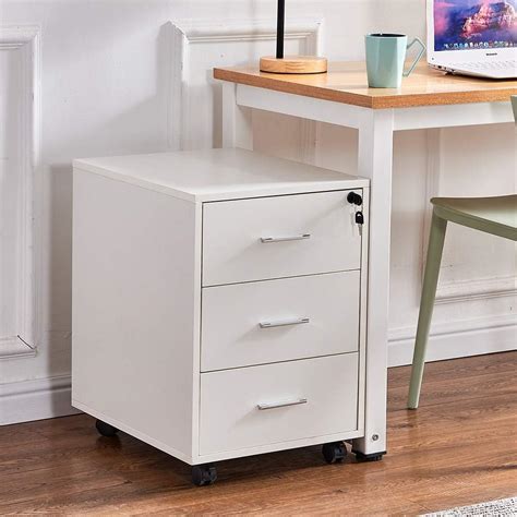 Ansley&HosHo Office White Unit Storage Cabinet 3 Drawers with Lock Wood Mobile Under Desk ...