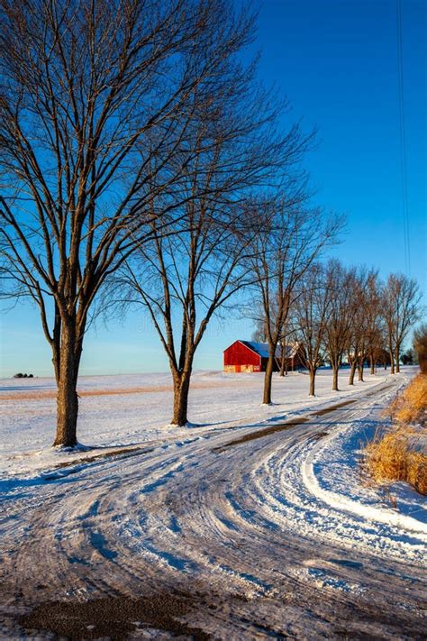 Wisconsin Driveway Leading To a Red Barn with Snow in January Stock ...