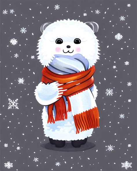 Cute White Fluffy Baby Seal in a Scarf and Winter Hat · Creative Fabrica