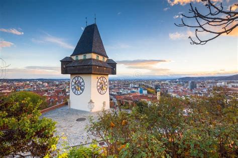 Graz Clock Tower at Sunset, Graz, Styria, Austria Stock Image - Image ...