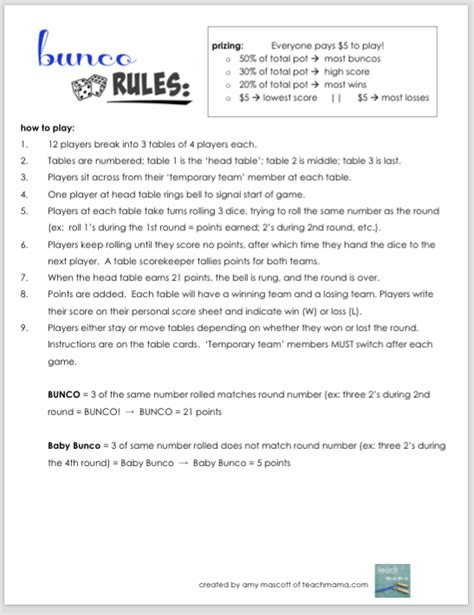 Bunco Rules Printable