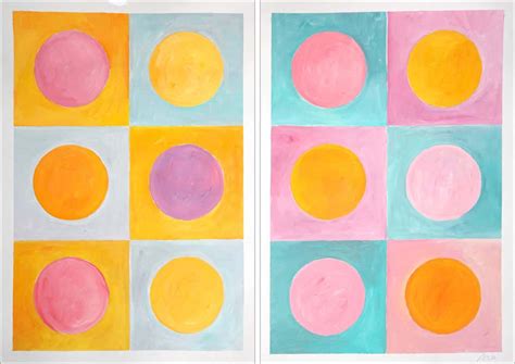 Natalia Roman - Cubist Tulips, Primary Geometry Tiles Diptych, Pastel Pink, Turquoise and Yellow ...