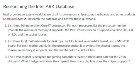 Solved Researching the Intel ARK Database Intel provides an | Chegg.com