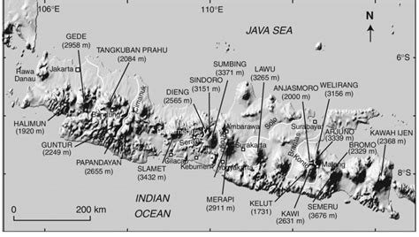 Location of the main volcanoes and rivers (white lines) of Java, and... | Download Scientific ...