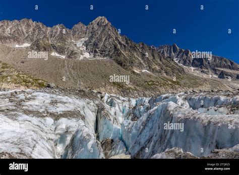 Glacier Argentiere, glacier d'Argentiere in Chamonix valley Apls. Huge ice serac and crevasse in ...