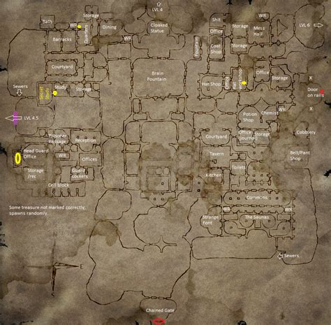 Level 5 (crossroads) map - Gold circles are treasure, red circles are ...